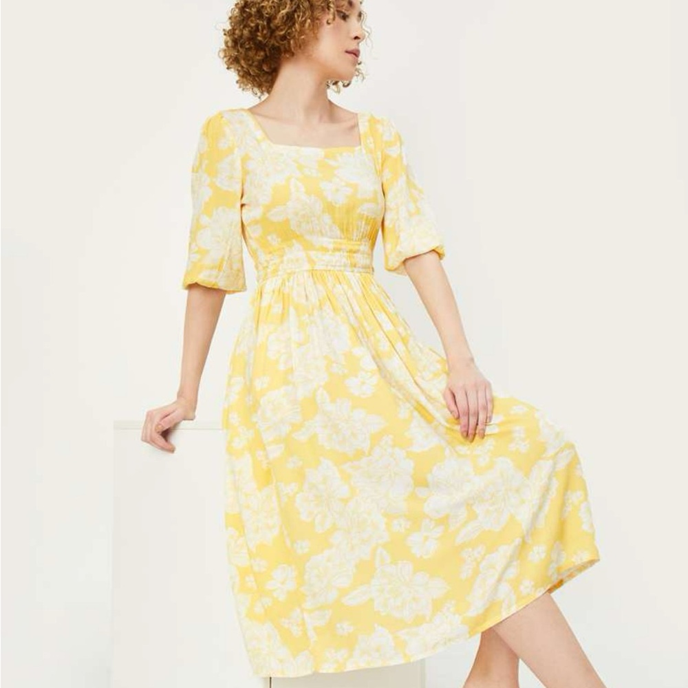 Yellow and White Puff Sleeve Midi Sundress NWOT
